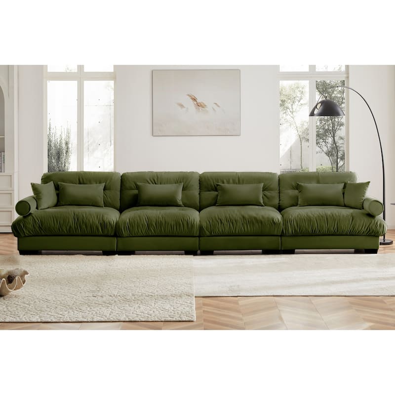 Modern Sectional Couch Comfortable Upholstered Sofa Set with Lumbar Pillow and Throw Pillow for Living Room - 4 Seats - Olive Green