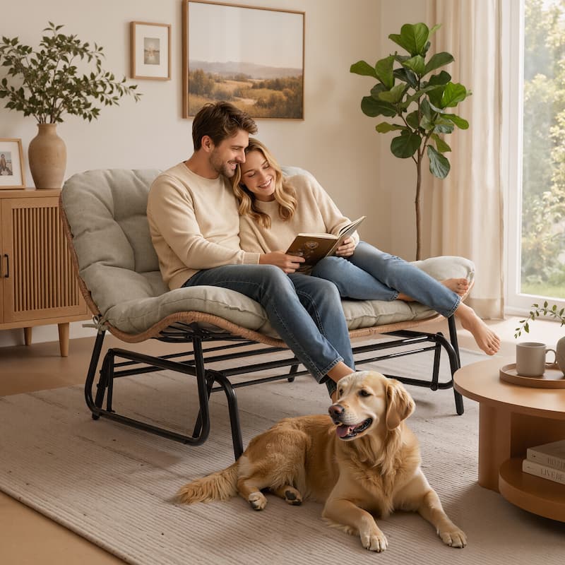 Oversized 2-Person Outdoor Glider Rocking Chair Bench Double Papasan Chair Loveseat with Cushion