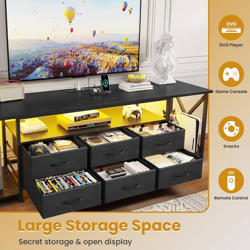 TV Stand with LED Lights Power Outlets Dresser Fabric Drawers Entertainment Center