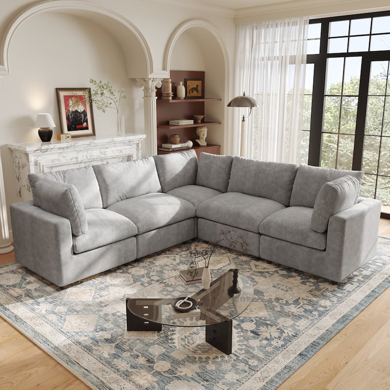 5 Seat L-Shaped Sectional Sofa chenille Fabric Upholstered Couch with Removable Cushions Modern Living Room Furniture - Grey