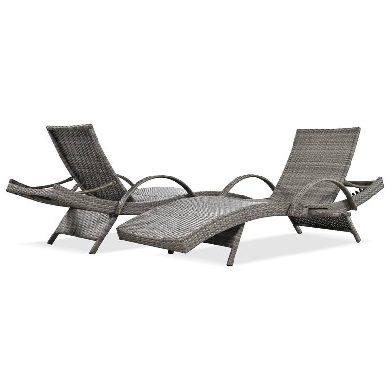 2-piece Outdoor Wicker Chaise Lounge Chairs Set with Pull-out Side Table, Patio Pool Adjustable Reclining Sun Lounger