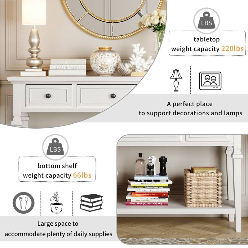 Solid Wood Living Room Console Table, Classic Retro Storage Entryway Sofa Table with 3 Top Drawers and Open Bottom Shelf