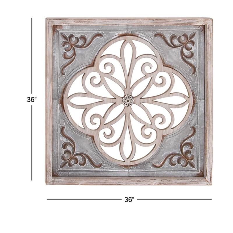 Metal Scroll Cutout Wall Decor with Brown Wood Accents - Gray - Roche River Decor