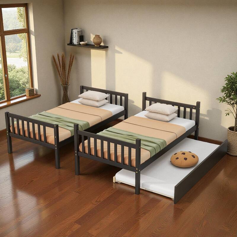 Twin Over Twin Rubber Wood Bunk Bed with Trundle, Convertible into Twin Beds, Ladder and Safety Guardrails