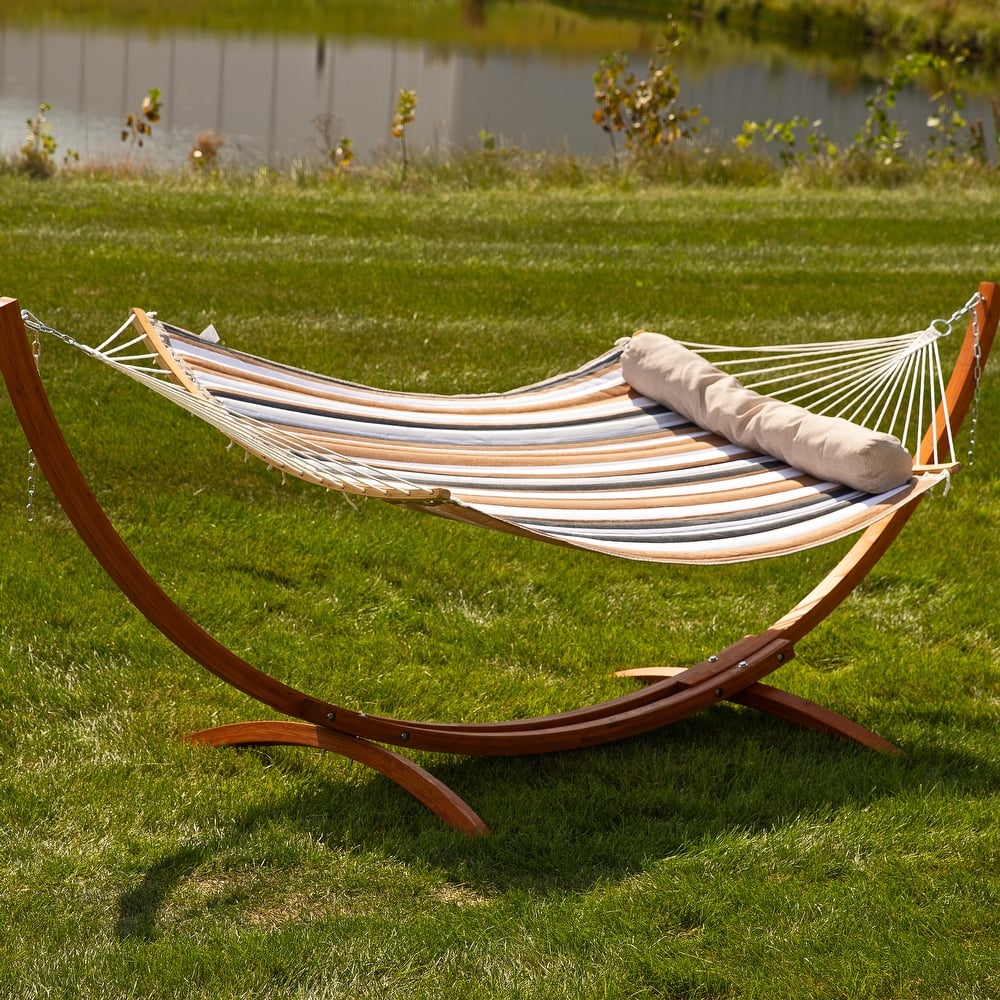 Sunnydaze Quilted Hammock with Curved Bamboo Spreader Bar and Pillow