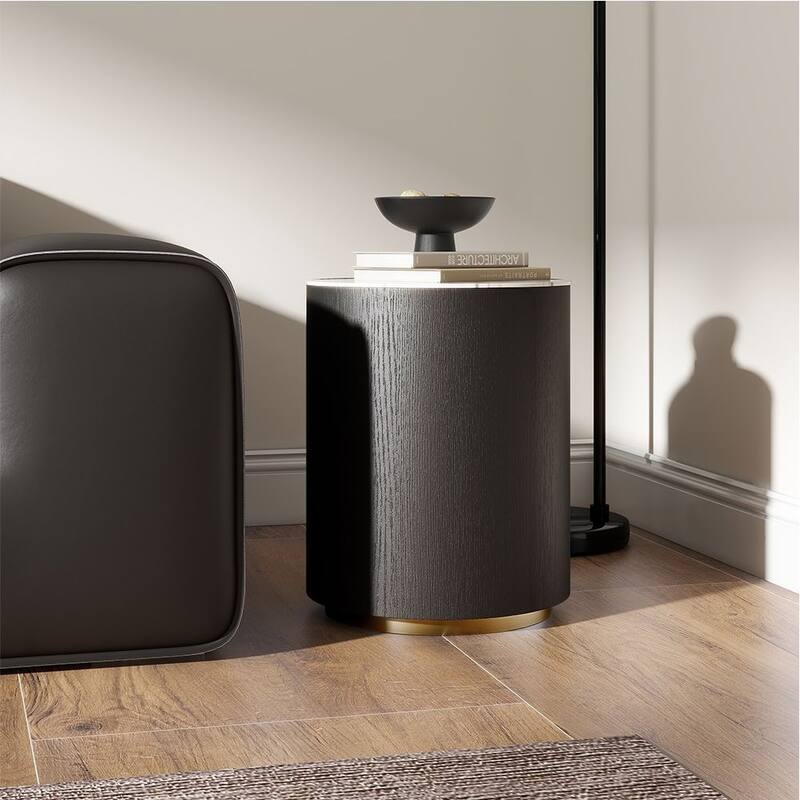 Modern Drum Coffee Table with Oak Veneer, Sintered Stone Coffee Table with 2 Solid Wood Drawers, Fully Assembled, White