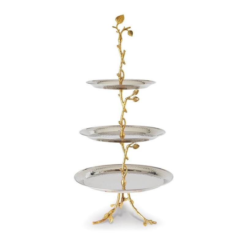 Curata Hammered Stainless Steel with Golden Vine Stand 3-Tier Server