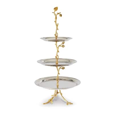 Curata Hammered Stainless Steel with Golden Vine Stand 3-Tier Server