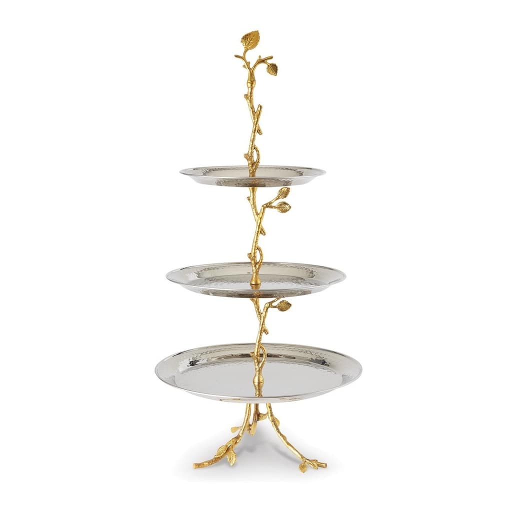 Curata Hammered Stainless Steel with Golden Vine Stand 3-Tier Server