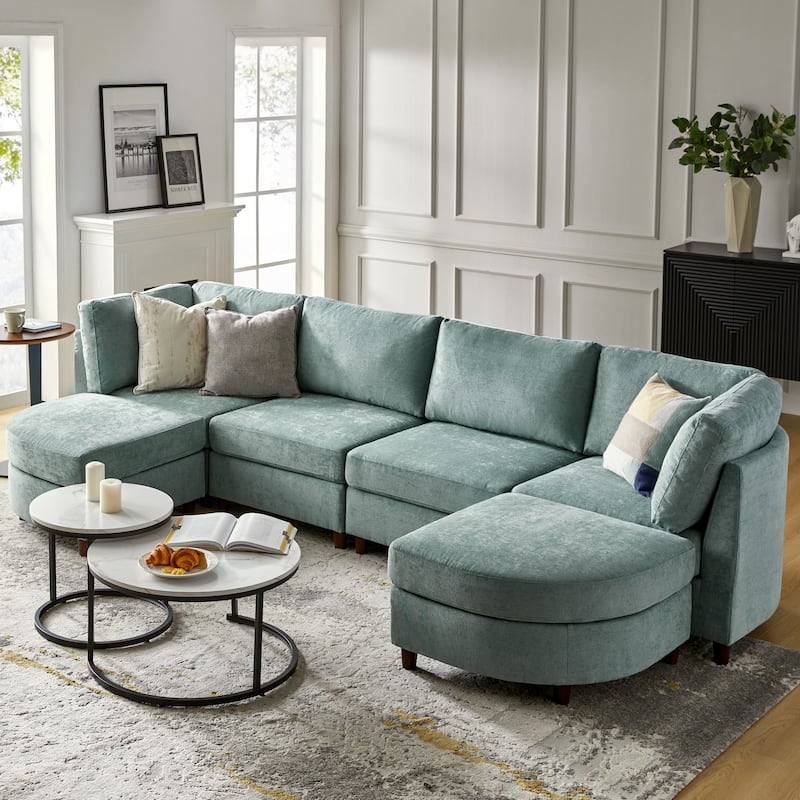 Mattia 125" Modern Under-seat Storage Sectional Sofa with Round Table and Solid Wood Legs by HULALA HOME