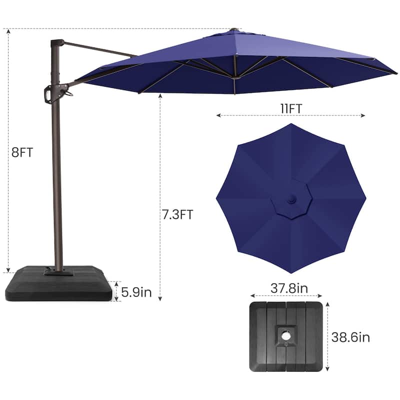 11 Ft Outdoor Patio Cantilever 360 Degree Rotation Offset Umbrella with 4-Piece Fillable Weighted Base