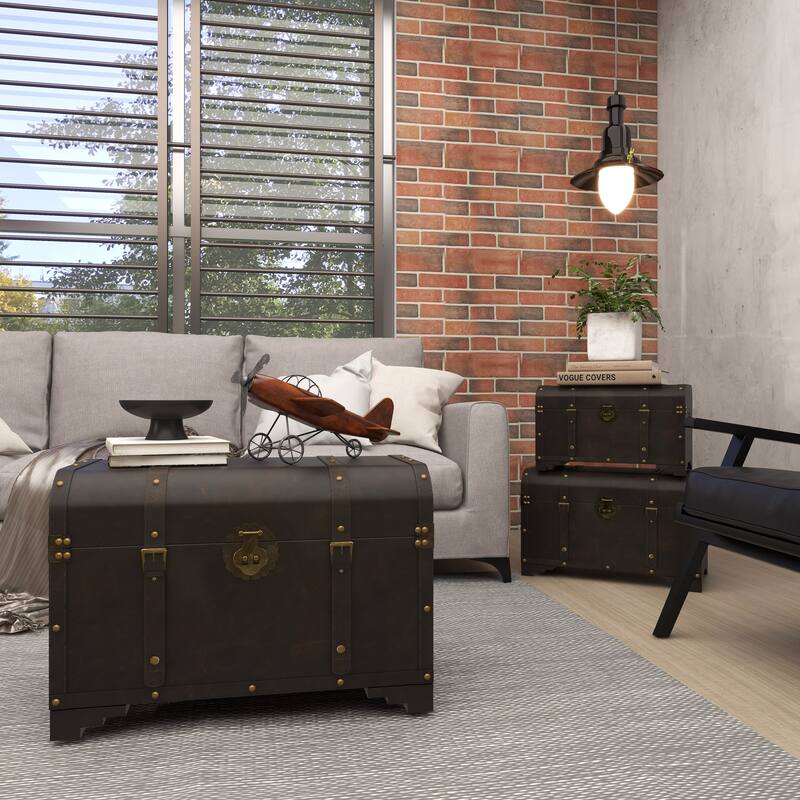Brown Wooden Nesting Upholstered Decorative Trunk with Vintage Accents and Studs (Set of 3)