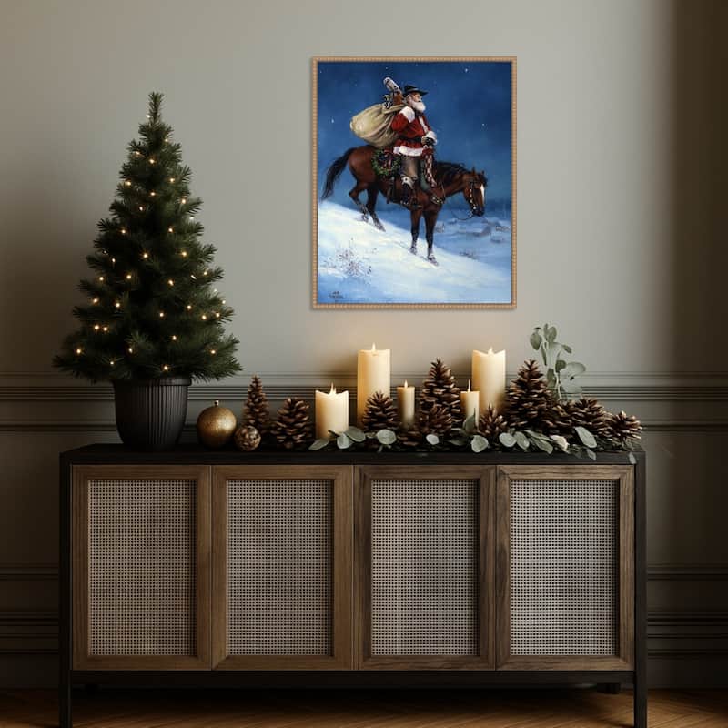 A Cowboy Christmas by Jack Sorenson (23 x 28 in.), Framed Canvas Wall Art Print - Sylvie Beaded Rustic Natural