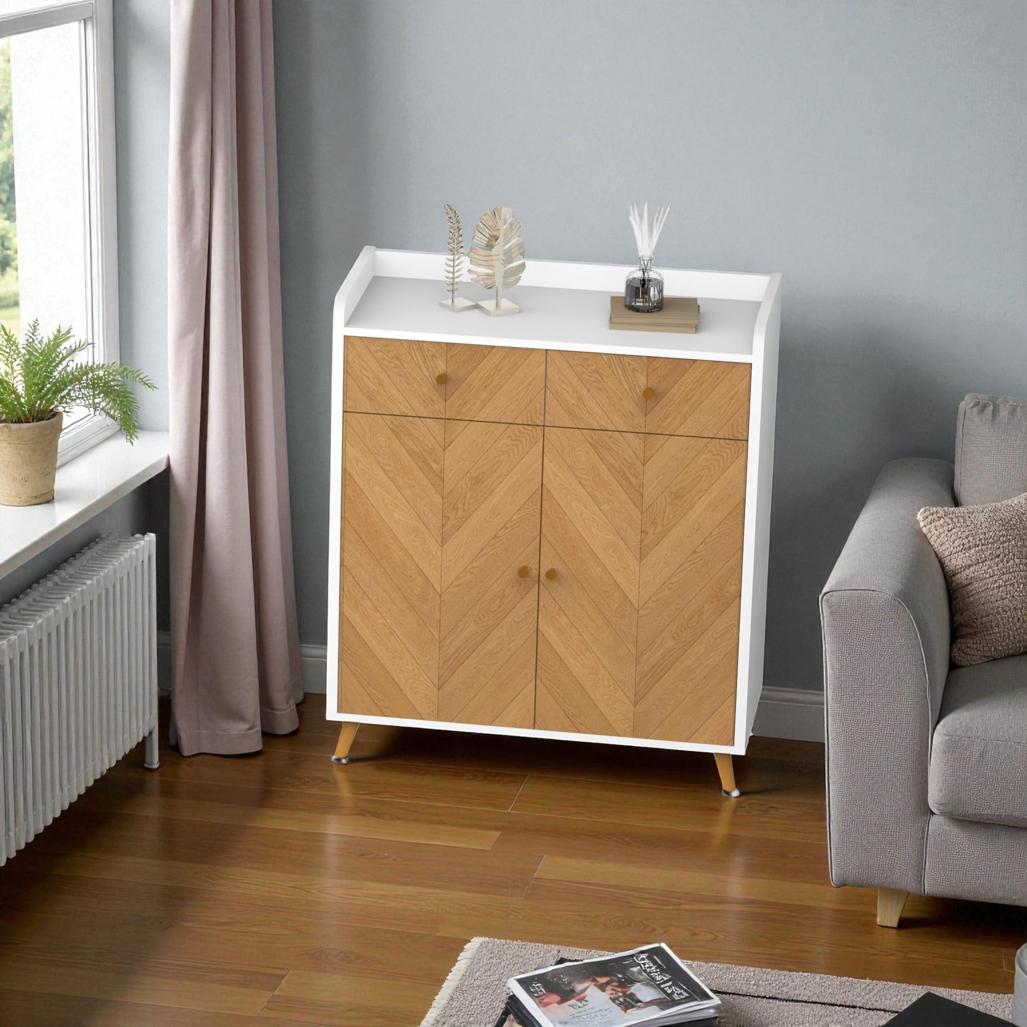 Modern 4-Tier Shoe Cabinet with 2 Drawers and Adjustable Shelves, Herringbone Wooden Freestanding Shoe Storage for Entryway