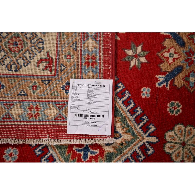 Red Kazak Area Rug Hand-Knotted Oriental Wool Carpet - 6'5" x 9'9"