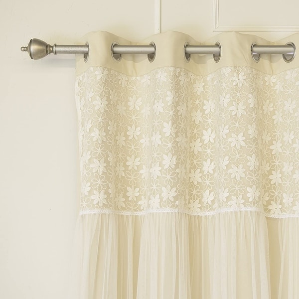 slide 2 of 21, Aurora Home Floral Lace Overlay Thermal Blackout Grommet Panel Pair 52"W x 96"L - Beige