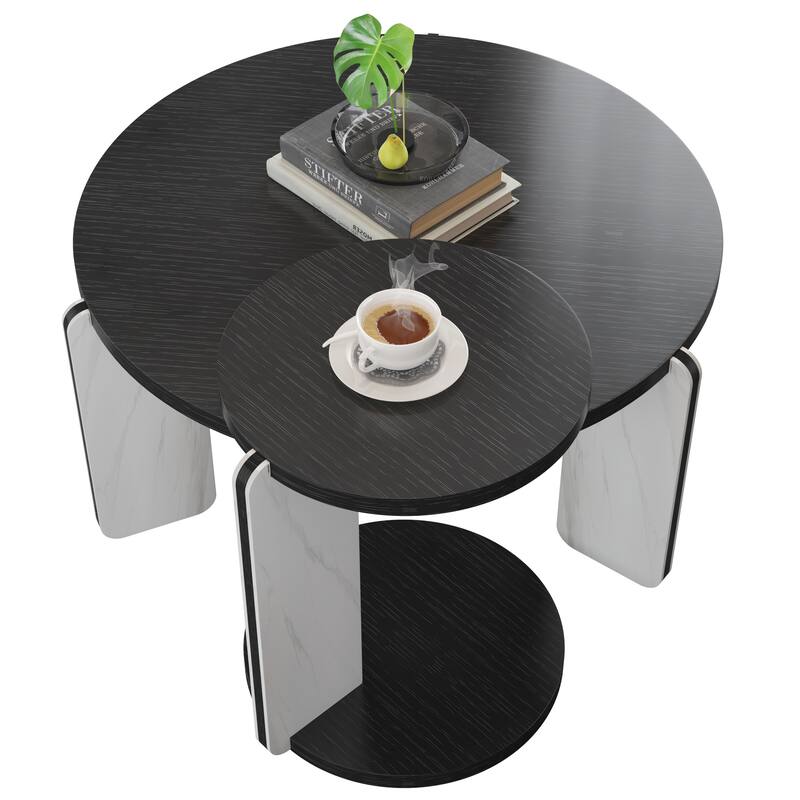 Round Nesting Coffee Table Set of 2, Sintered Stone Top Nesting Tables with Metal Frame, Modern Accent Side Table Set