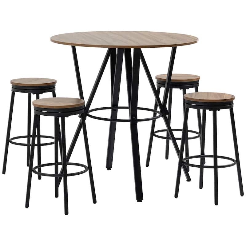 5-Piece Bar Table and Chairs Set with Swivel Seat, Industrial Round Dining Table & 4 Stools for Pub, Kitchen, Light Brown