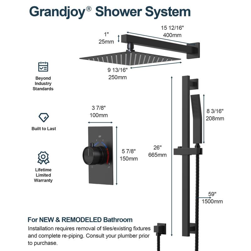 GRANDJOY 10" Rainfall Shower Head Wall Mounted Shower System and Handheld Spray with Slide Bar