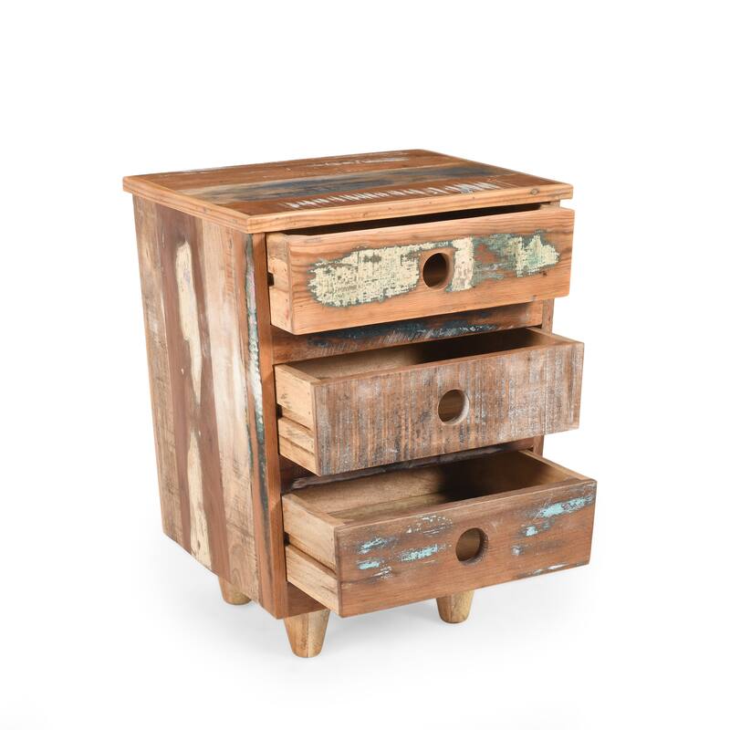 End Table Recycled Wood Nightstand, Side Table With 3 Drawers