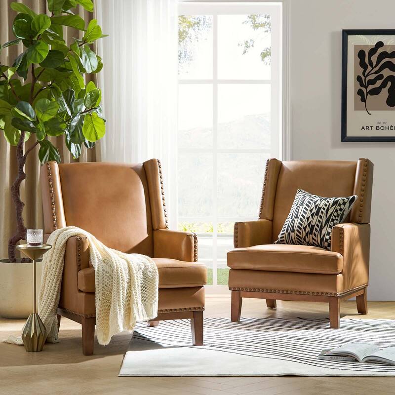 Lourdes Genuine Leather Armchair with Solid Wood Frame and Removable Seat Cushion,Set of 2 by HULALA HOME - Camel