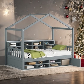 Twin Size Wooden House Bed Platform Bed With Shelves And a Mini-cabinet