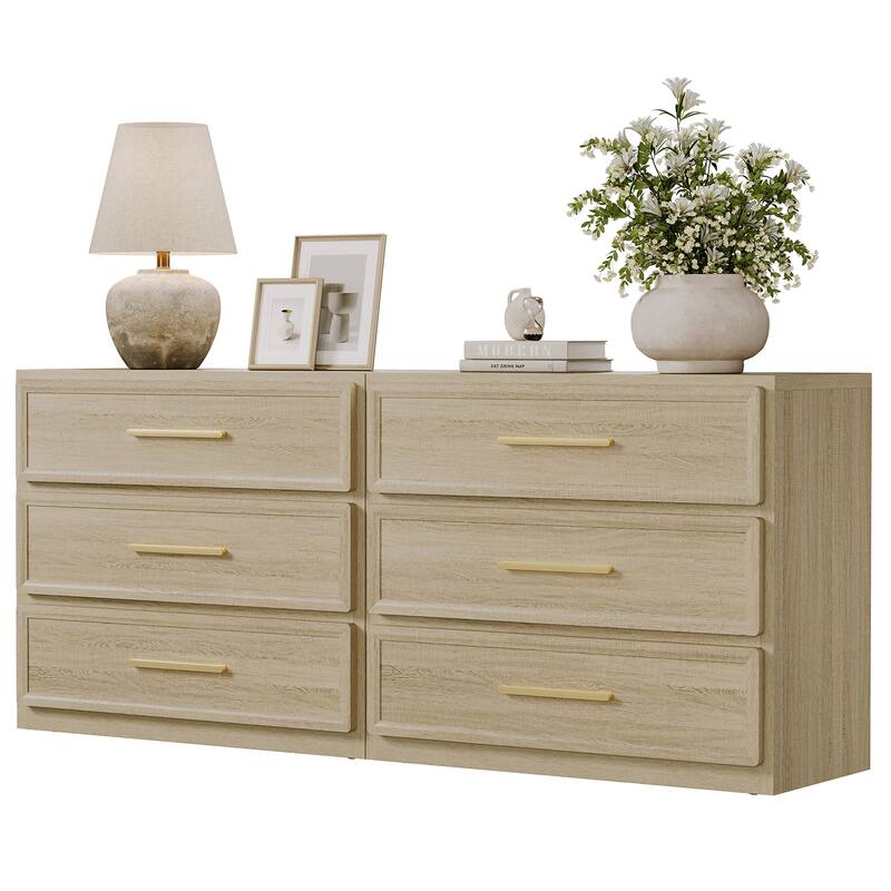 Gold-Accent 3-Drawer Nightstand: Multi-Use for Bedrooms, Guest Rooms & Dressers - Light Oak - 6-drawer