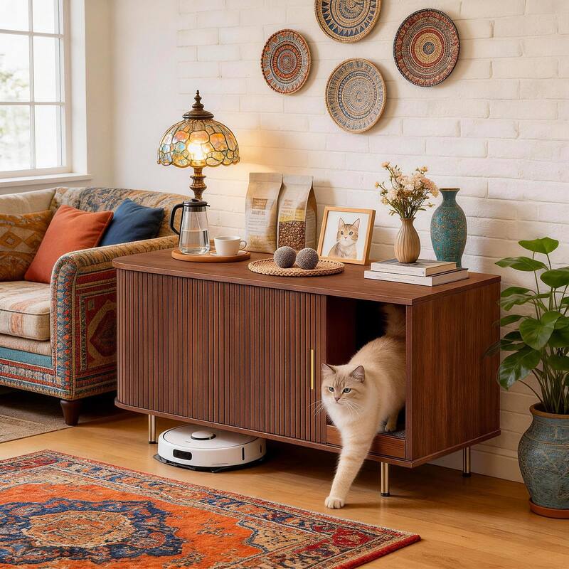 38.5" Cat Litter Box Enclosure with Scratch Pad and Sliding Door,Cat Hidden Litter Box Cabinet,Modern Indoor Cat House,TV Stand