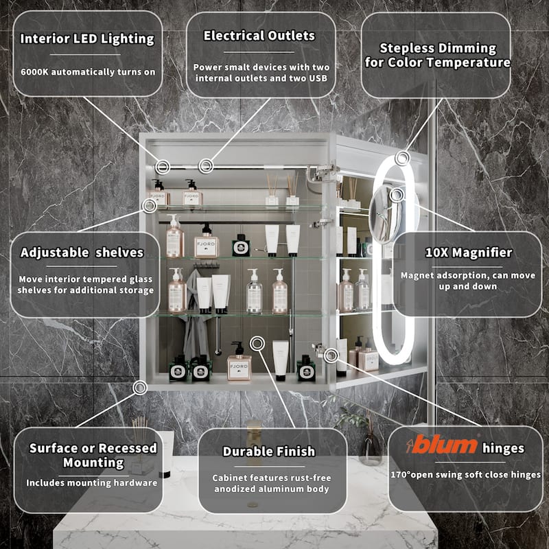 Modland Recessed Smart Mirror Cabinet 24-48x32" with Lights, Anti-Fog, Outlet & Magnifier - Adjustable Shelves