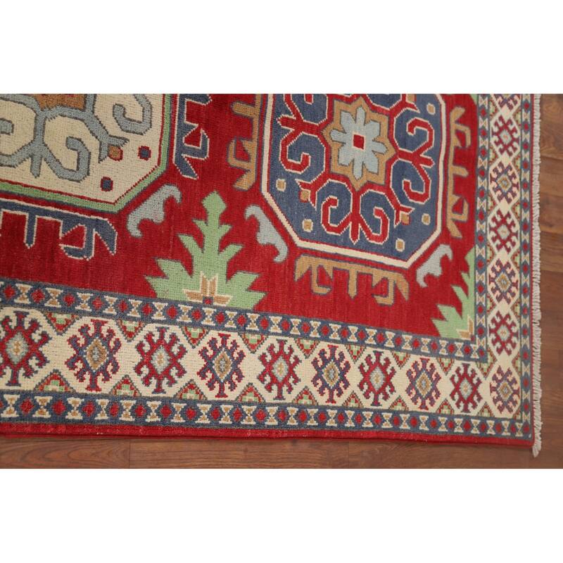 Geometric Red Kazak Oriental Runner Rug Hand-Knotted Wool Carpet - 3'4" x 6'7"