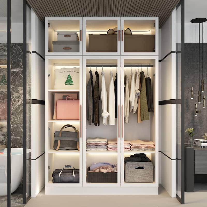 Glass Door Wardrobe Armoire Storage Closet with Light Display Cabinet