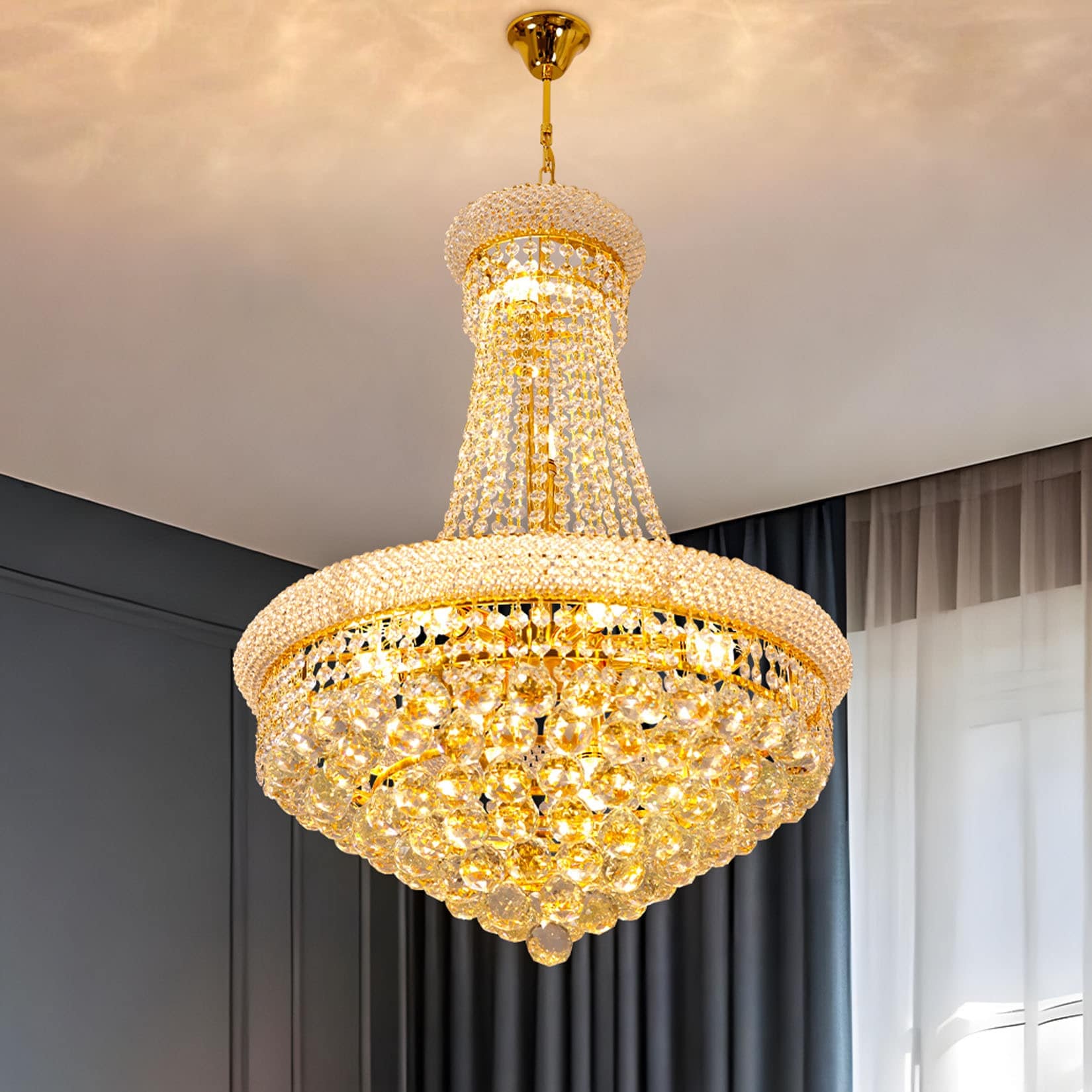 Empire Style Modern Glam Chandelier with Large Crystal Pendant