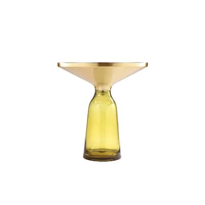 Len 21 Inch Side End Table, Yellow Blown Glass Bell Base, Funnel Gold Steel