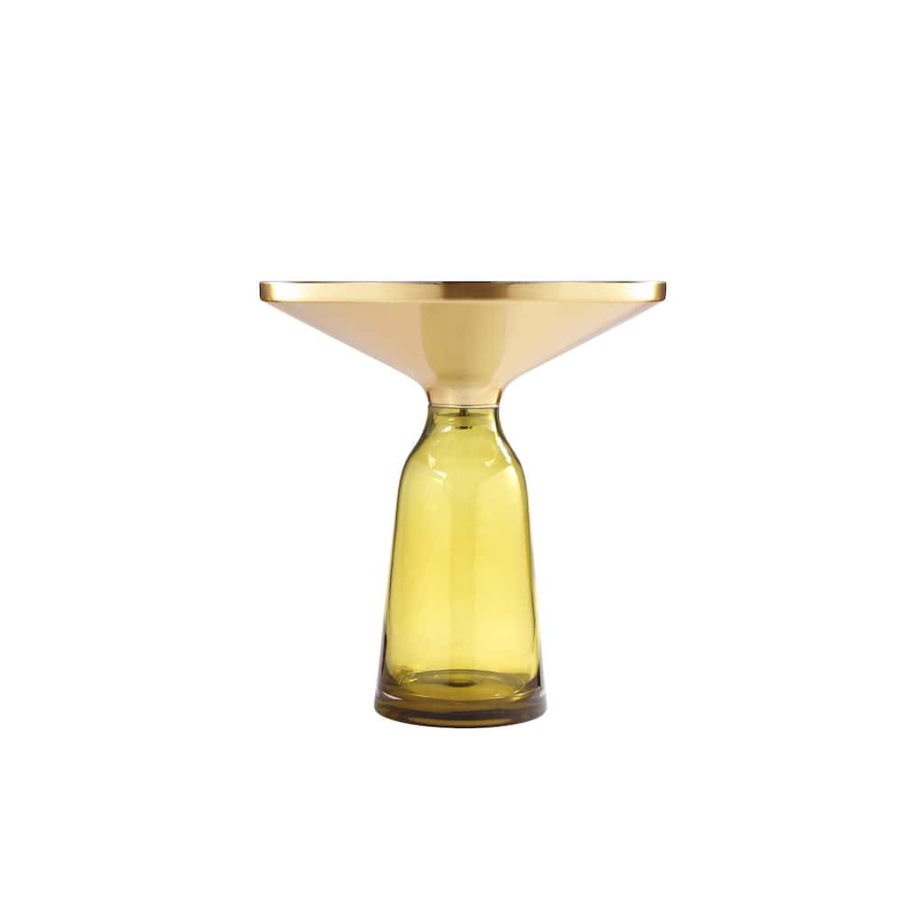Len 21 Inch Side End Table, Yellow Blown Glass Bell Base, Funnel Gold Steel