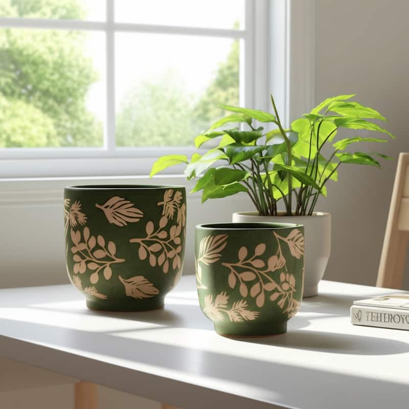 Ceramic Planter with Hand Painted Leaves Design - Set of 2, 6", 8" - 8.0"