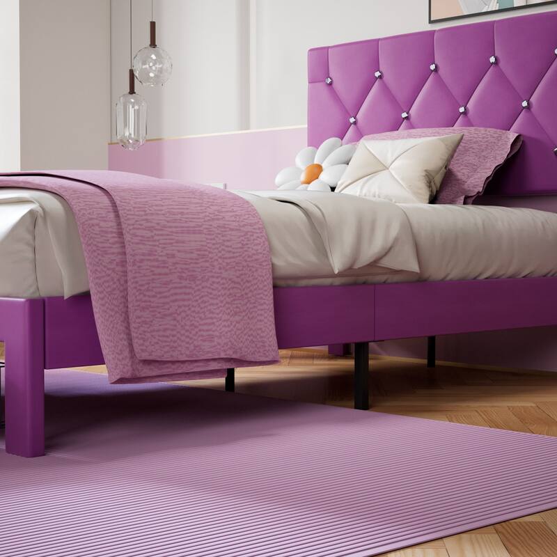 VECELO Bed Frame with Storage Drawers Leather Upholstered with Diamond Tufted Headboard Solid Wood Slat Support