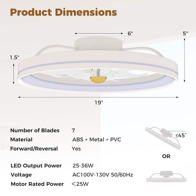 Modern White 6 Speeds LED Ceiling Fan with Remote and 7 Blades Dimmable Light for 215 sq.ft - 19" x 5"