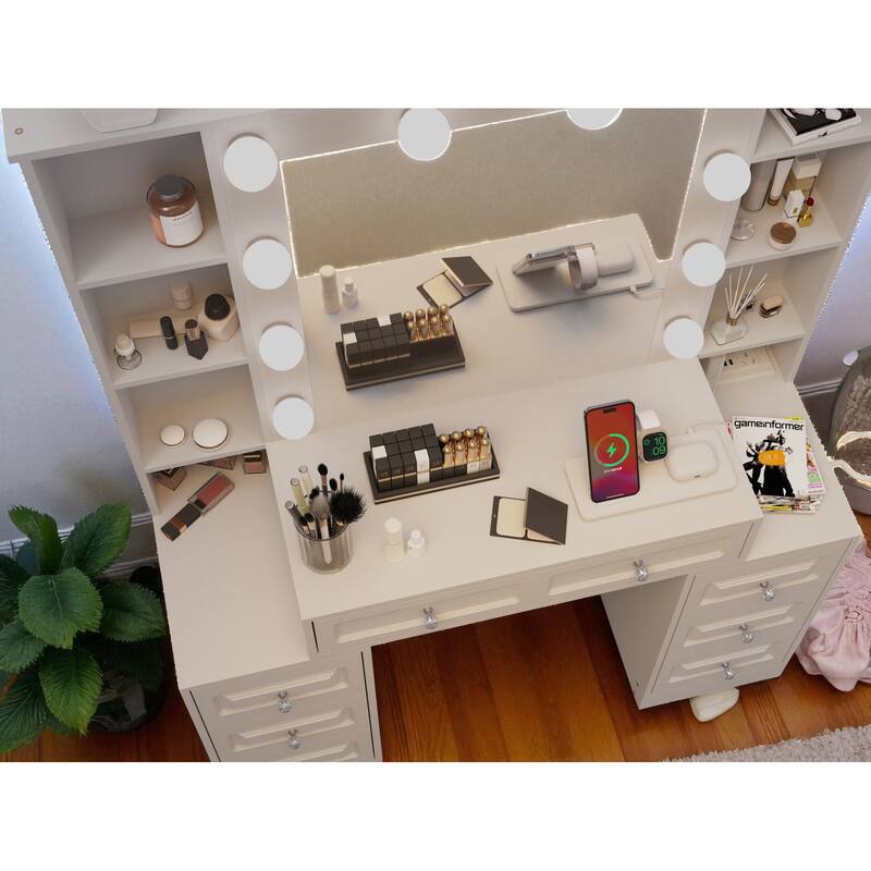 Makeup Vanity with Mirror and Lights, Dressing Table with USB Ports, Hair Dryer Holder & 7 Storage Drawers