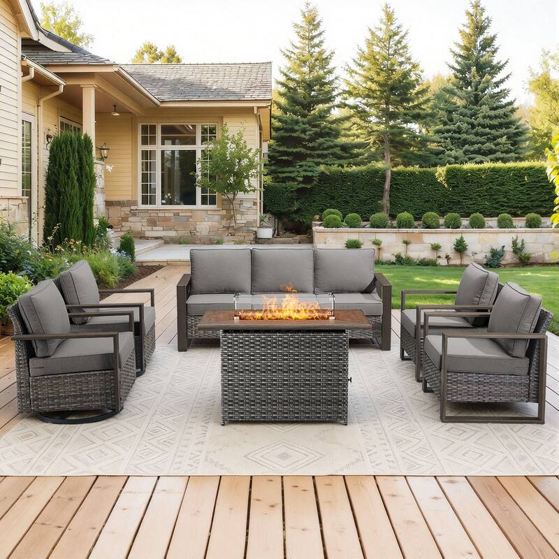Meyreso Wicker Outdoor Patio Fire Pit Set with Swivel Gliders and Olefin Cushions