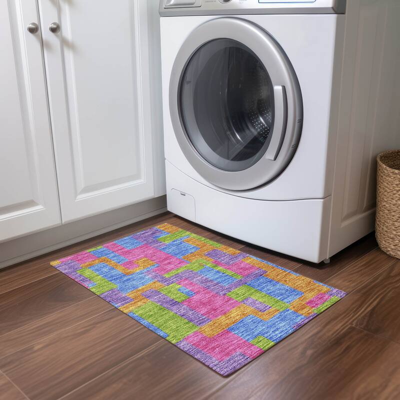 Machine Washable Indoor/ Outdoor Chantille Contemporary Blocks Rug