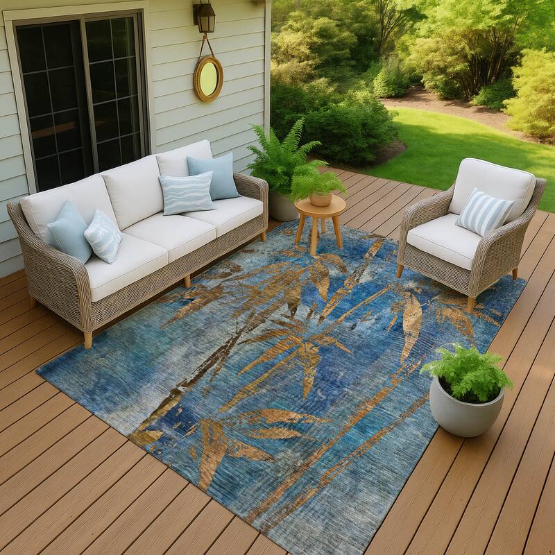 Machine Washable Indoor/ Outdoor Modern Floral Chantille Rug - Blue - 8' x 10'