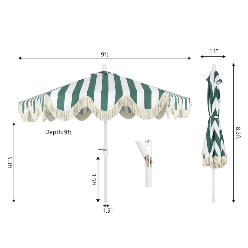 9ft Tassel Patio Umbrella Auto-Tilt, Crank , by JONATHAN Y