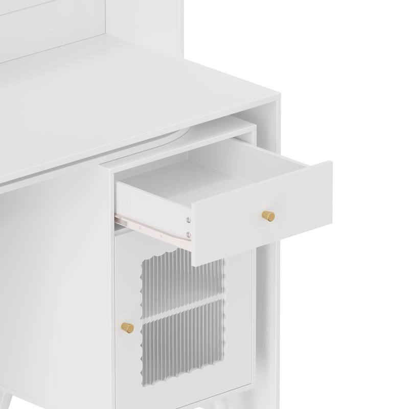 90° Rotating Computer Desk, L Shaped Office Desk Gaming Table Corner Writing Desk with Storage Drawer, Cabinets & Shelves