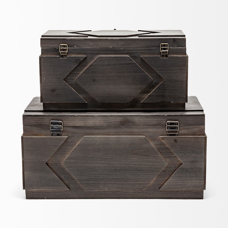 Cassia Set of Two Dark Stained Wooden Boxes - 21L x 11W x 10H; 16L x 10W x 8H