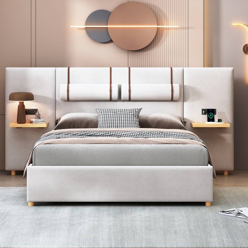 Velvet Upholstered Platform Bed with 2 Outlets,USB Charging Ports and Shelf