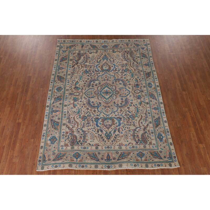 Over-Dyed Tabriz Persian Vintage Area Rug Handmade Beige Wool Carpet - 6'9"x 9'1"