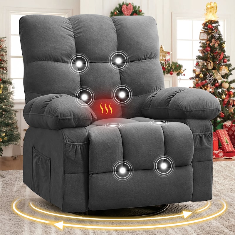 Massage Swivel Recliner Chair with Vibration Massage and Lumbar Heating for Adults, Oversized Recliner Single Sofa with USB - Gray