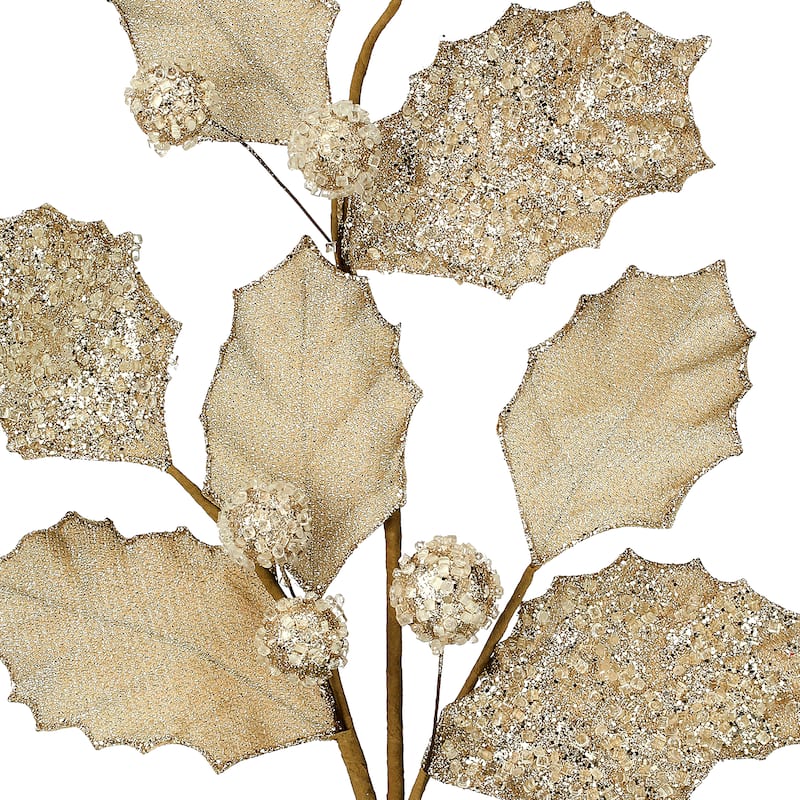 27" Glitter Holly Leaf Spray
