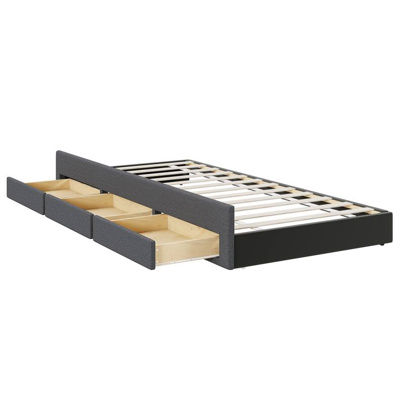 Upholstered Platform Bed Captain Bed with Trundle and 3 Drawers, Vertical Striped Linen Headboard and Footboard Slats Support