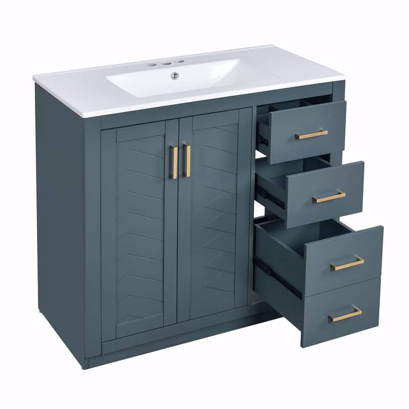 Freestanding 36'' Bathroom Vanity with Ceramic Sink, 3 Drawers, Soft Closing Doors & Solid Wood Frame